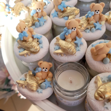 Подаръци за гости - свещи с мечета в синьо и златно  Подаръци за гости - свещи с мечета в синьо и златно