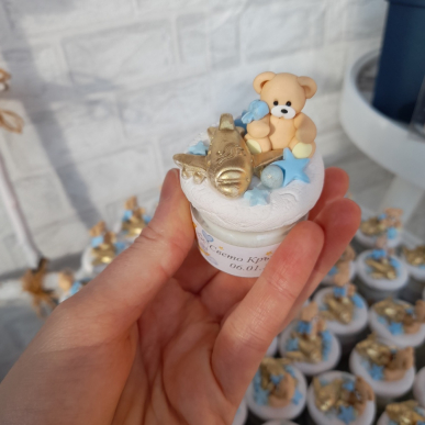 Подаръци за гости - свещи с мечета в синьо и златно  Подаръци за гости - свещи с мечета в синьо и златно